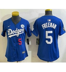 Women's Los Angeles Dodgers #5 Freddie Freeman Number Blue 2024 World Series With Fernando 34 Limited Stitched Jersey