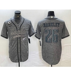 Men's Philadelphia Eagles #26 Saquon Barkley Grey Gridiron With C Cool Base Stitched Baseball Jersey