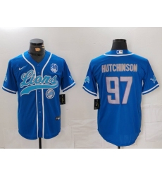 Men's Detroit Lions #97 Aidan Hutchinson Blue With 90th Cool Base Stitched Baseball Jersey