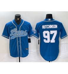 Men's Detroit Lions #97 Aidan Hutchinson Blue With Cool Base Stitched Baseball Jersey