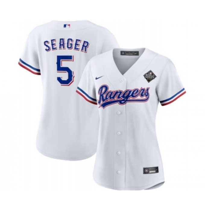 Women's Texas Rangers #5 Corey Seager White 2023 World Series Stitched Baseball Jersey
