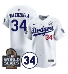 Men's Los Angeles Dodgers #34 Toro Valenzuela White 2024 World Series With No. 34 Limited Stitched Baseball Jersey