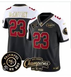 Men San Francisco 49ers #23 Christian McCaffrey White Balck 2023 F U S E With 3 Star And Faithful To The Bay Stitched Football Jersey