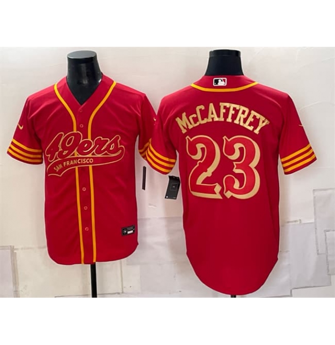 Men's San Francisco 49ers #23 Christian McCaffrey Red Gold Cool Base Stitched Baseball Jersey