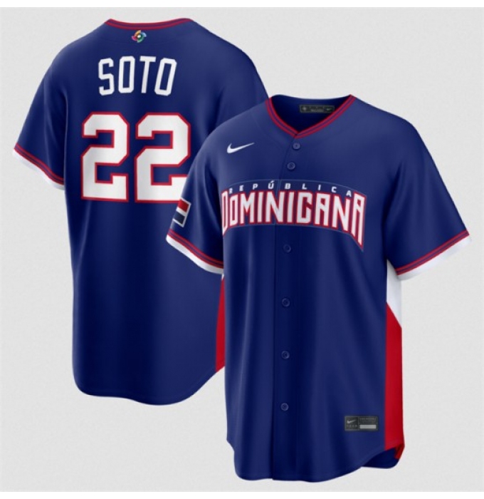 Men's Dominican Republic Baseball #22 Juan Soto Navy 2026 World Baseball Classic Road Stadium Stitched Jersey