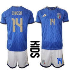 Youth Italy #14 CHIESA National Team FIFA x World Cup 2026 Home Blue On Field Kids Jerseys