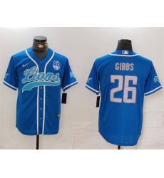 Men's Detroit Lions #26 Jahmyr Gibbs Blue With 90th Anniversary  Cool Base Stitched Baseball Jersey