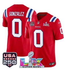 Men's New England Patriots #0 Christian Gonzalez Red 2025 F.U.S.E. Super Bowl LX And USA 250 Vapor Limited Football Stitched Jersey