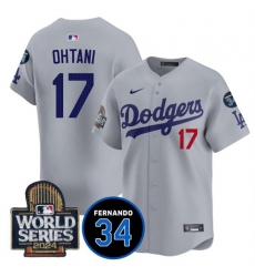 Men's Los Angeles Dodgers #17 Shohei Ohtani Grey 2024 World Series With Fernando Memorial Limited Stitched Baseball Jersey