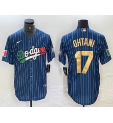 Men's Los Angeles Dodgers #17 Shohei Ohtani Mexico Blue Gold Pinstripe Cool Base Stitched Jersey