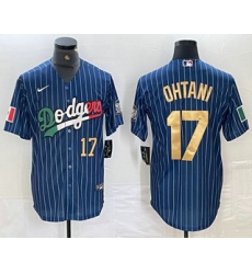 Men's Los Angeles Dodgers #17 Shohei Ohtani Number Mexico Blue Gold Pinstripe Cool Base Stitched Jersey