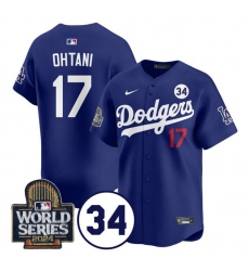 Men's Los Angeles Dodgers #17 Shohei Ohtani Royal 2024 World Series With No. 34 Cool Base Stitched Baseball Jersey