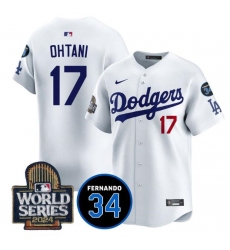 Men's Los Angeles Dodgers #17 Shohei Ohtani White 2024 World Series With Fernando Memorial Limited Stitched Baseball Jersey