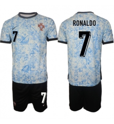 Men's Portugal Team #7 Ronaldo 2024-25 White Blue Away Soccer Jersey Suit