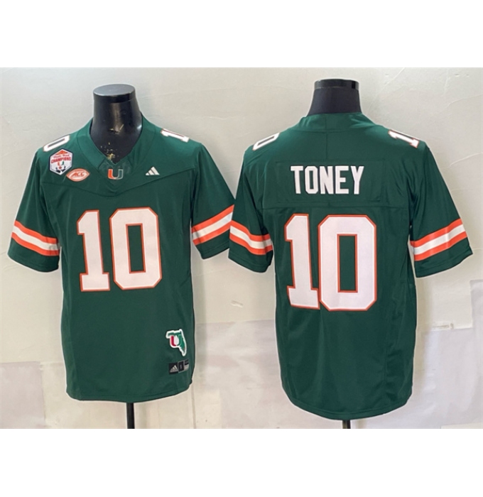 Men's Miami Hurricanes #10 Malachi Toney Green F.U.S.E. Fiesta Bowl Champions & Florida Patch Stitched Football Jersey