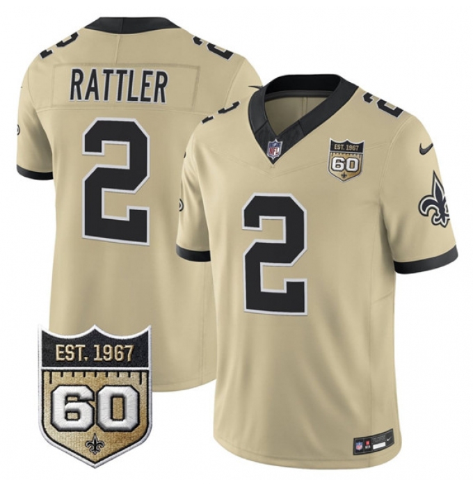 Men's New Orleans Saints #2 Spencer Rattler Gold 2026 F.U.S.E 60th Anniversary Vapor Limited Football Stitched Jersey