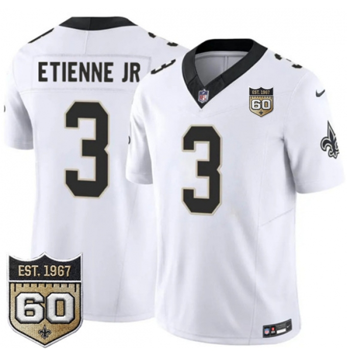 Men's New Orleans Saints #3 Travis Etienne Jr White 2026 F.U.S.E 60th Anniversary Vapor Limited Football Stitched Jersey