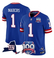 Men's New York Giants 1 Malik Nabers Royal 2024 F U S E 100th Season And State Vapor Limited Stitched Football Jersey
