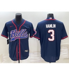 Men's Buffalo Bills #3 Damar Hamlin Navy Blue With Patch Cool Base Stitched Baseball Jersey