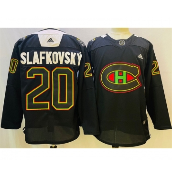 Men's Montreal Canadiens #20 Juraj Slafkovsky 2022 Black Warm Up History Night Stitched Jersey