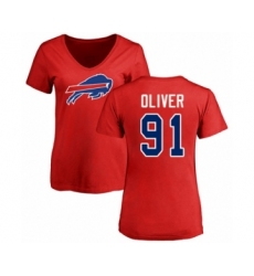 Football Women's Buffalo Bills #91 Ed Oliver Red Name & Number Logo T-Shirt