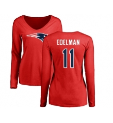 Football Women's New England Patriots #11 Julian Edelman Red Name & Number Logo Slim Fit Long Sleeve T-Shirt
