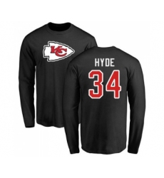 Football Kansas City Chiefs #34 Carlos Hyde Black Name & Number Logo Long Sleeve T-Shirt