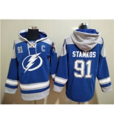 Men's Tampa Bay Lightning #91 Steven Stamkos Blue Ageless Must-Have Lace-Up Pullover Hockey Hoodie