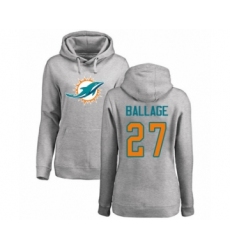 Football Women's Miami Dolphins #27 Kalen Ballage Ash Name & Number Logo Pullover Hoodie