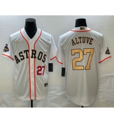Mens Houston Astros #27 Jose Altuve Number 2023 White Gold World Serise Champions Cool Base Stitched Jersey