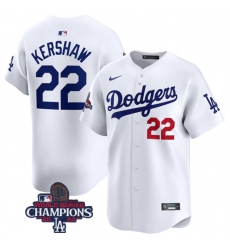 Men's Los Angeles Dodgers #22 Clayton Kershaw White 2024 World Series Champions Home Limited Stitched Baseball Jersey