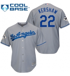 Youth Majestic Los Angeles Dodgers #22 Clayton Kershaw Replica Grey Road 2017 World Series Bound Cool Base MLB Jersey