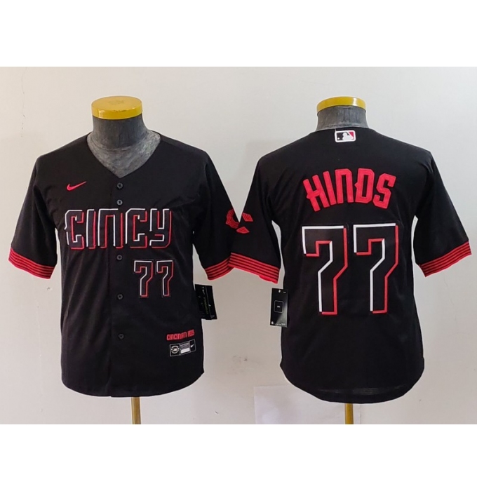 Youth Cincinnati Reds #77 Rece Hinds Number Black 2023 City Connect Cool Base Stitched Jersey