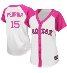 Women's Majestic Boston Red Sox #15 Dustin Pedroia Replica White/Pink Splash Fashion MLB Jersey