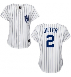 Women's Majestic New York Yankees #2 Derek Jeter Authentic White/Black Strip MLB Jersey