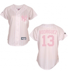 Women's Majestic New York Yankees #13 Alex Rodriguez Authentic White/Pink Strip MLB Jersey