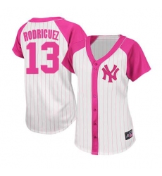 Women's Majestic New York Yankees #13 Alex Rodriguez Replica White/Pink Splash Fashion MLB Jersey