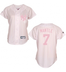 Women's Majestic New York Yankees #7 Mickey Mantle Authentic White/Pink Strip MLB Jersey
