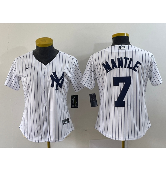Women's Nike New York Yankees #7 Mickey Mantle White No Name Stitched Cool Base Jersey