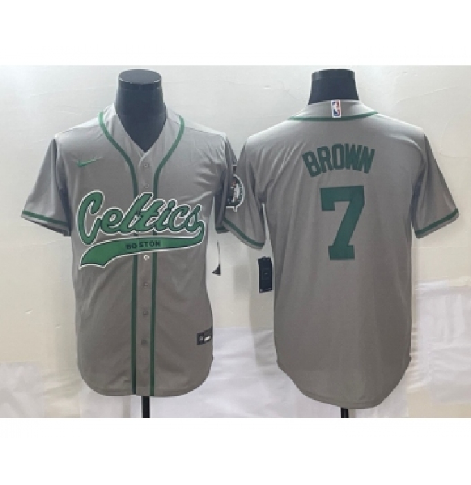 Men's Boston Celtics #7 Jaylen Brown Grey With Patch Stitched Baseball Jersey