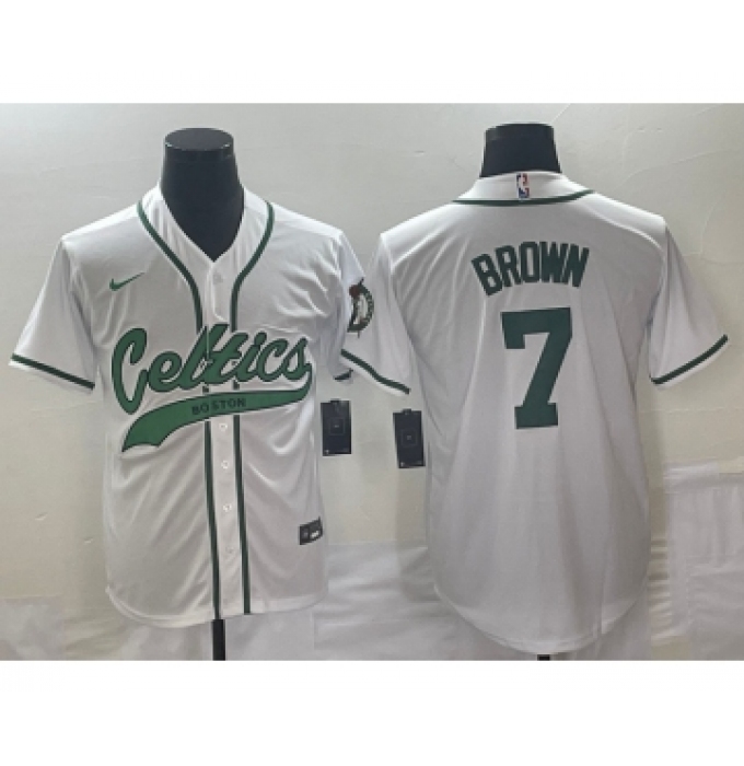 Men's Boston Celtics #7 Jaylen Brown White With Patch Stitched Baseball Jersey