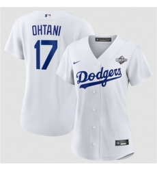 Women's Los Angeles Dodgers #17 Shohei Ohtani White 2025 World Series Home Cool Base Stitched Baseball Jersey(Run Small)