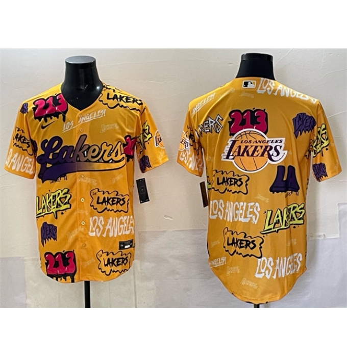 Men's Los Angeles Lakers Team Big Logo Yellow Limited Stitched Baseball Jersey