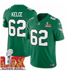 Men's Philadelphia Eagles Jason Kelce #62 Kelly Green 2024 2025 Super Bowl LIX F U S E Stitched NFL Jersey