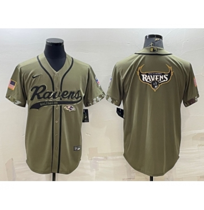Men's Baltimore Ravens Olive Salute to Service Team Big Logo Cool Base Stitched Baseball Jersey